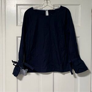 Jane and Delancey Navy Blue Blouse with Tie Sleeves and striped lining